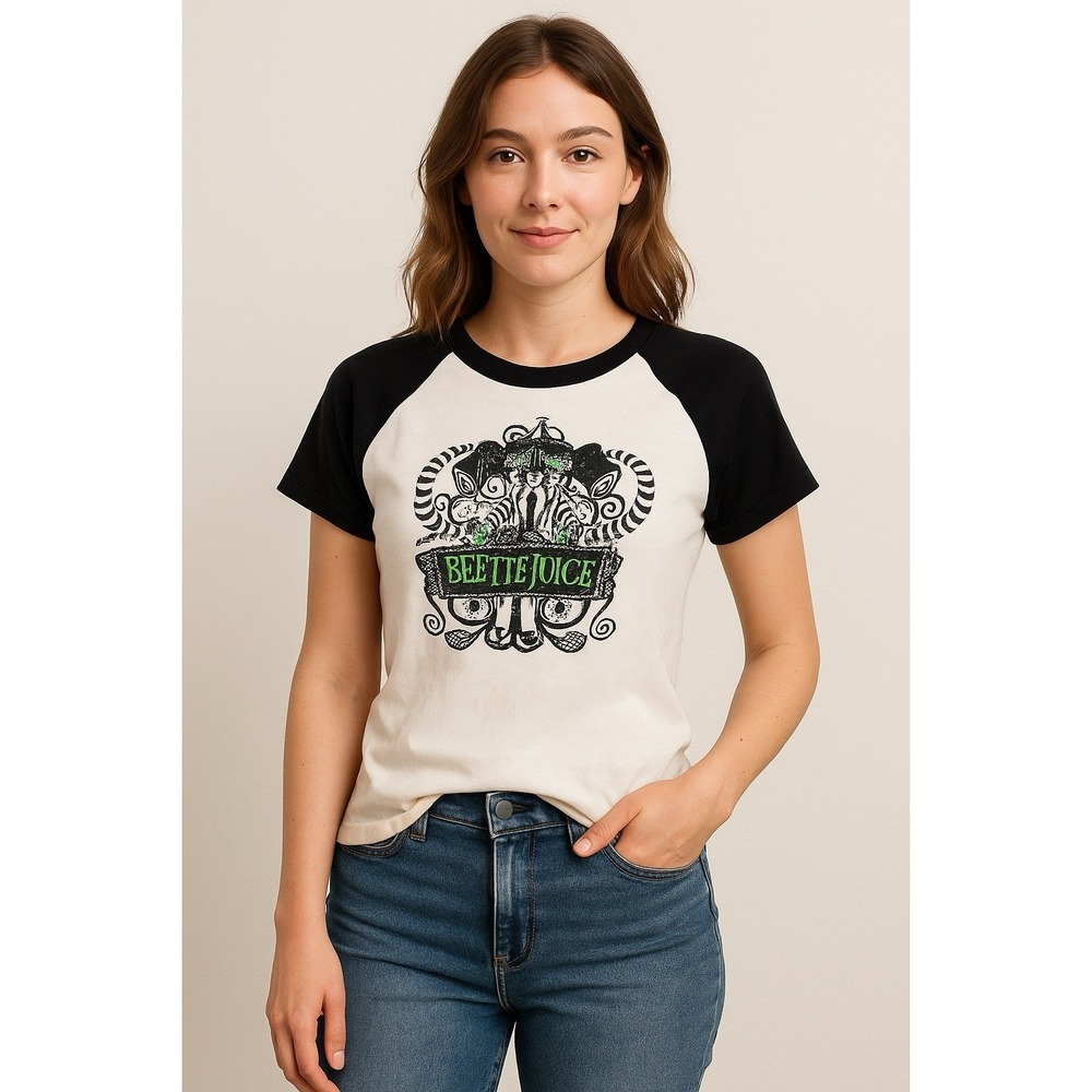 Beetlejuice Raglan T-Shirt Womens XL Graphic Mad Endine Goth Horror‎ Tee